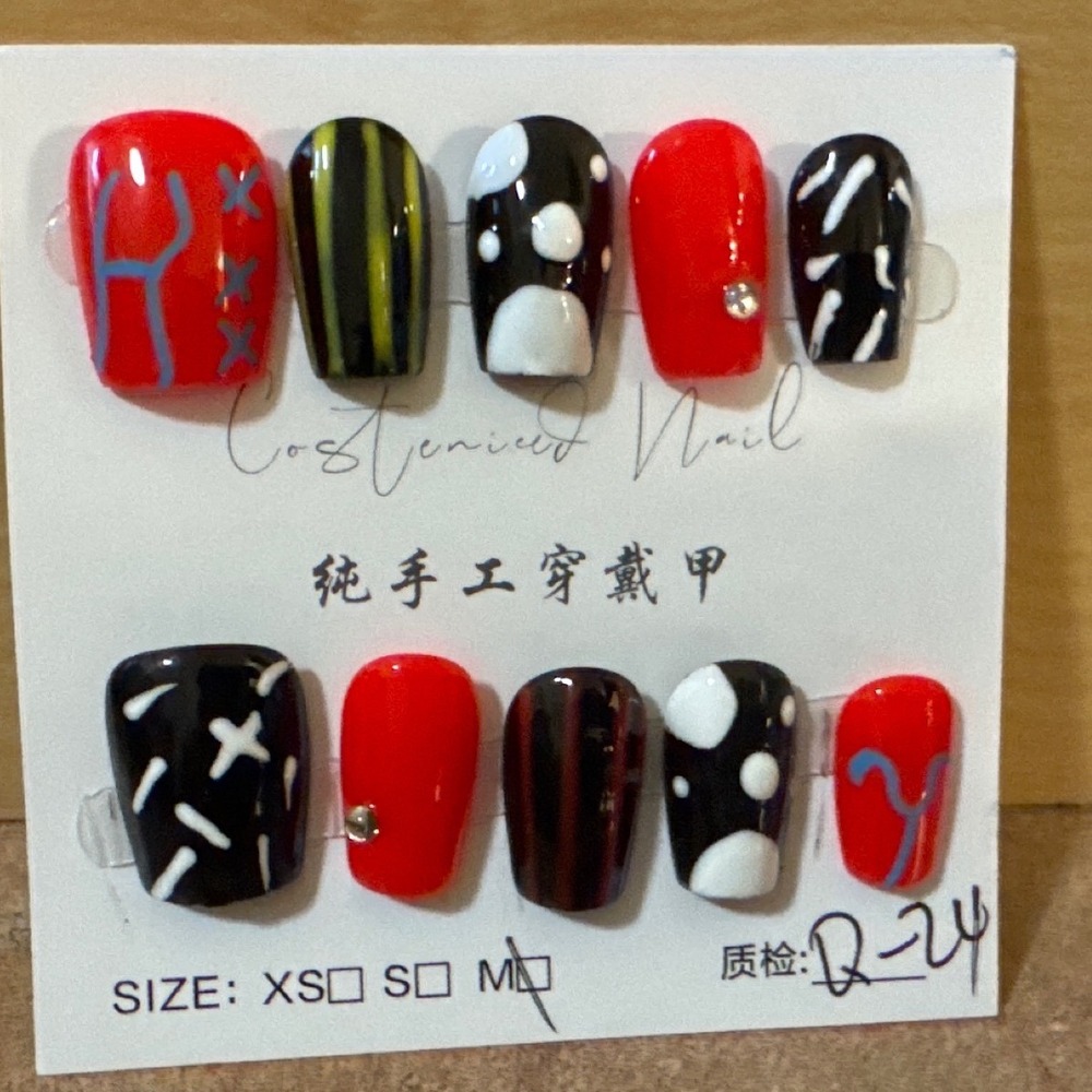 Press On Nails Red Black White Mixed Design Abstract Rhinestone Size M